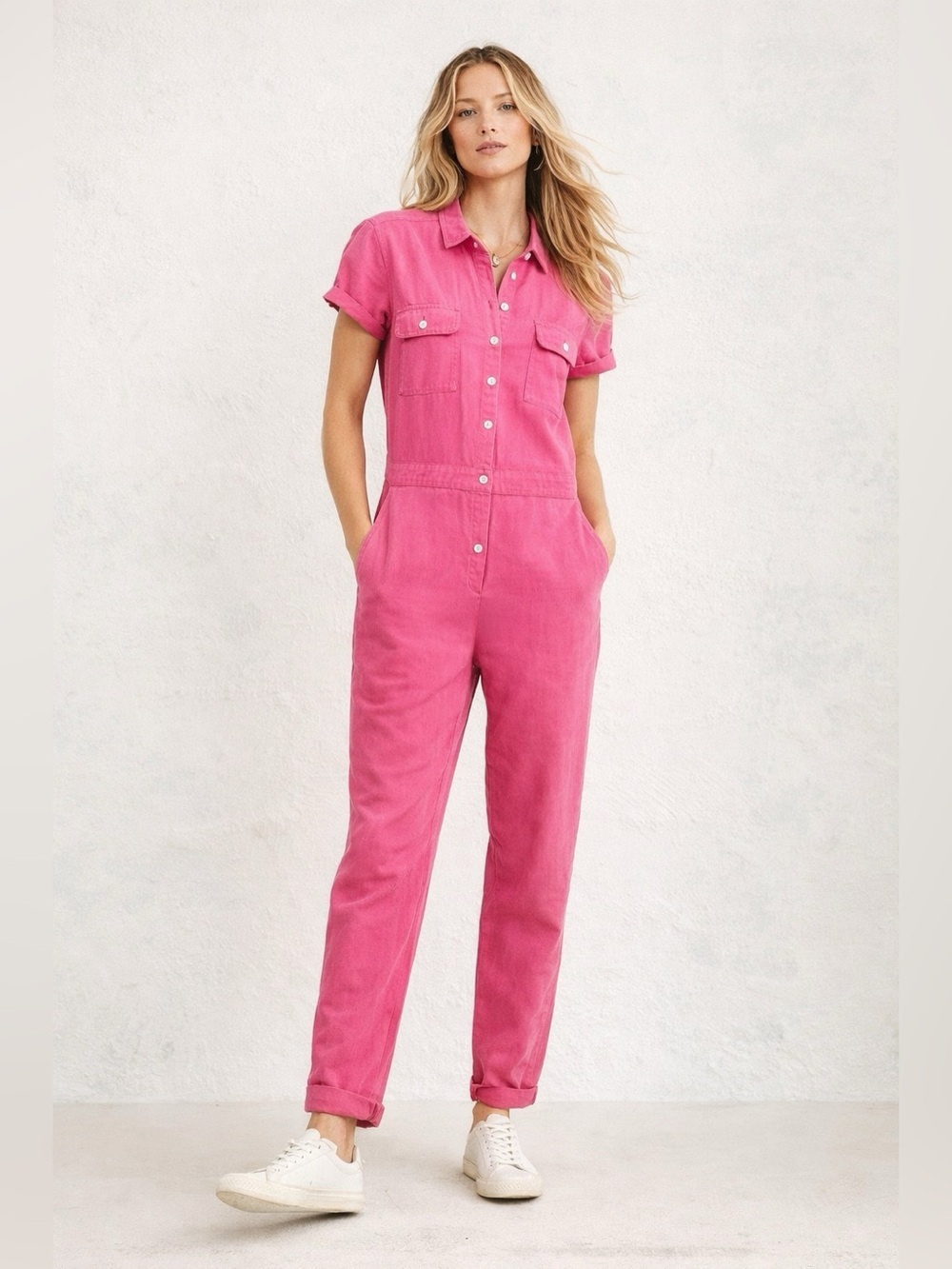Outerknown Organic Cotton Button Front Short Sleeve Jumpsuit Pink Size S
